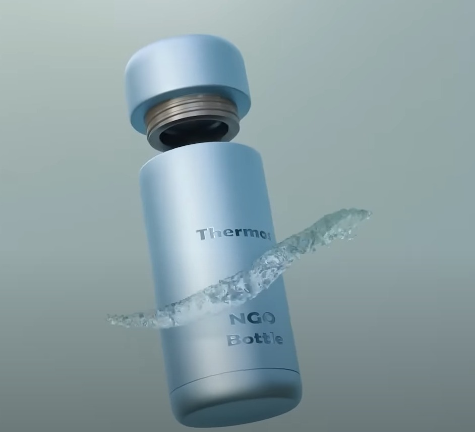 3D render: pale blue thermos bottle with the lid lifted and a water ribbon.