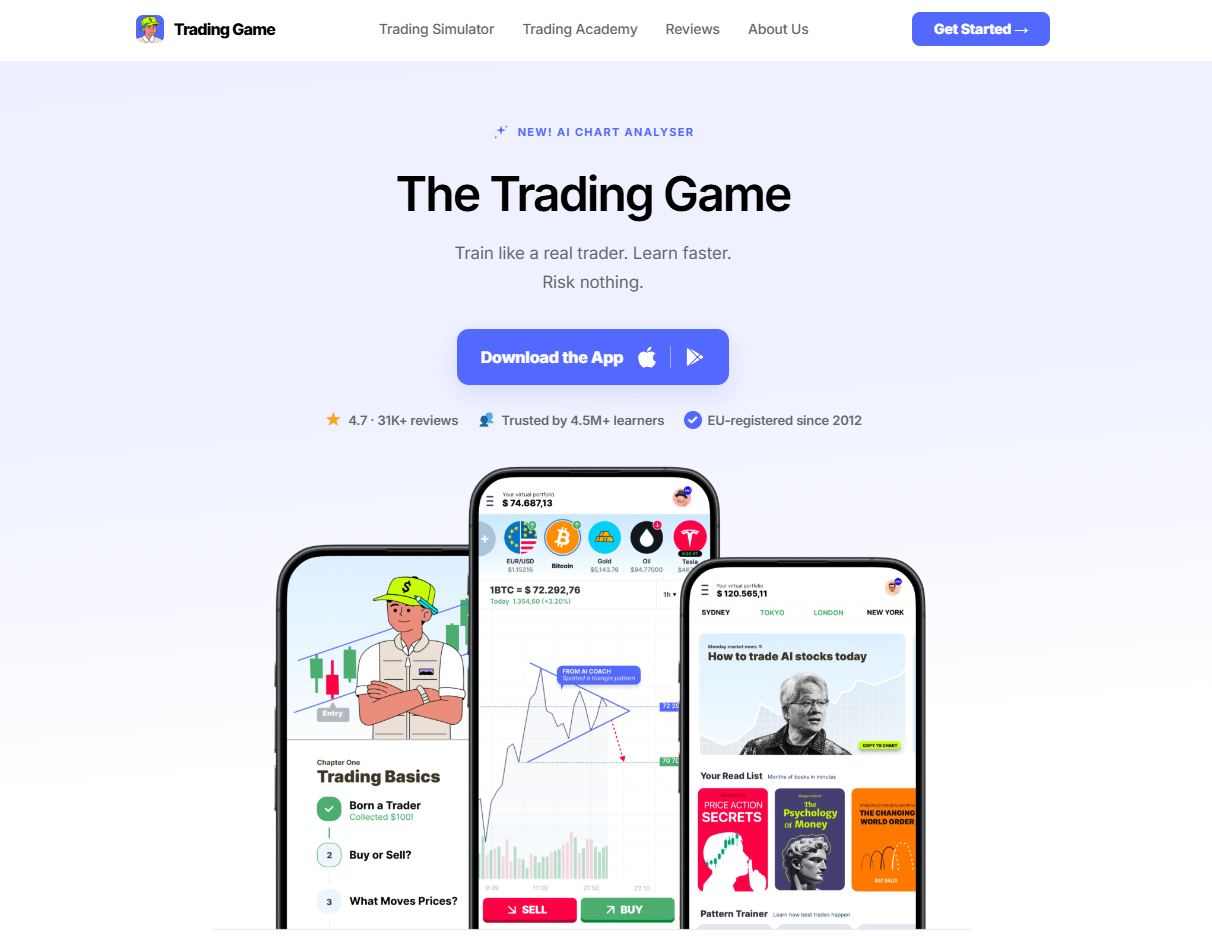 Trading Game website screenshot showing the hero section with app preview, headline and download CTA.