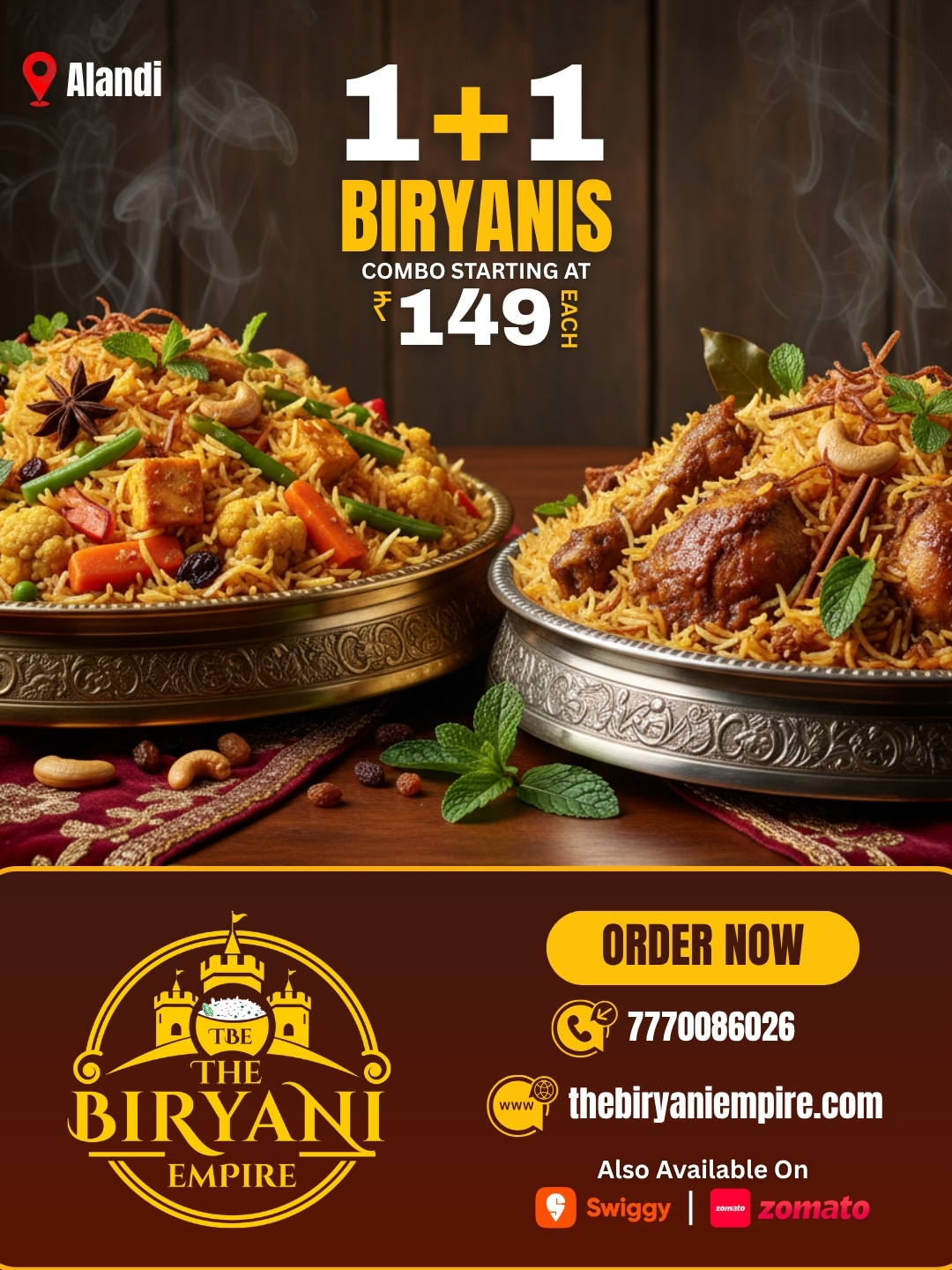 Social post design: The Biryani Empire 1+1 biryani combo offer with steaming plates and brand logo.