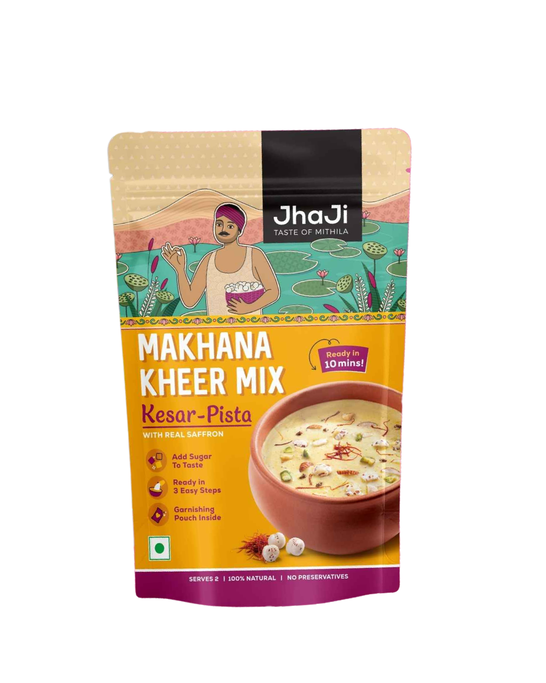 Jha Ji Makhana Kheer Mix Kesar-Pista stand-up pouch packaging design.