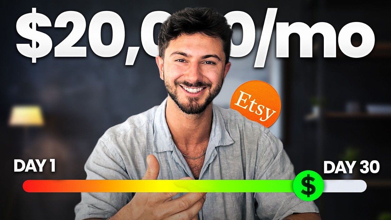 Thumbnail design: bold white headline over a presenter with a day-1 to day-30 progress bar.