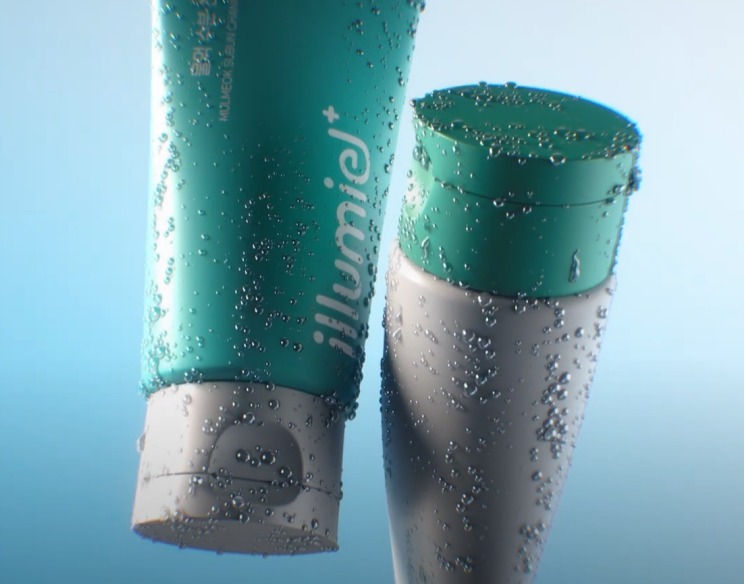 3D render: two teal cosmetic tubes covered in water droplets on a blue backdrop.