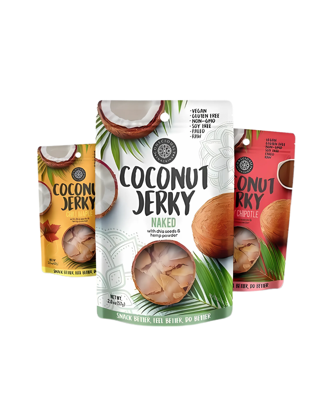Coconut Jerky pouch packaging range in Naked, Chili Maple and Chipotle flavours.