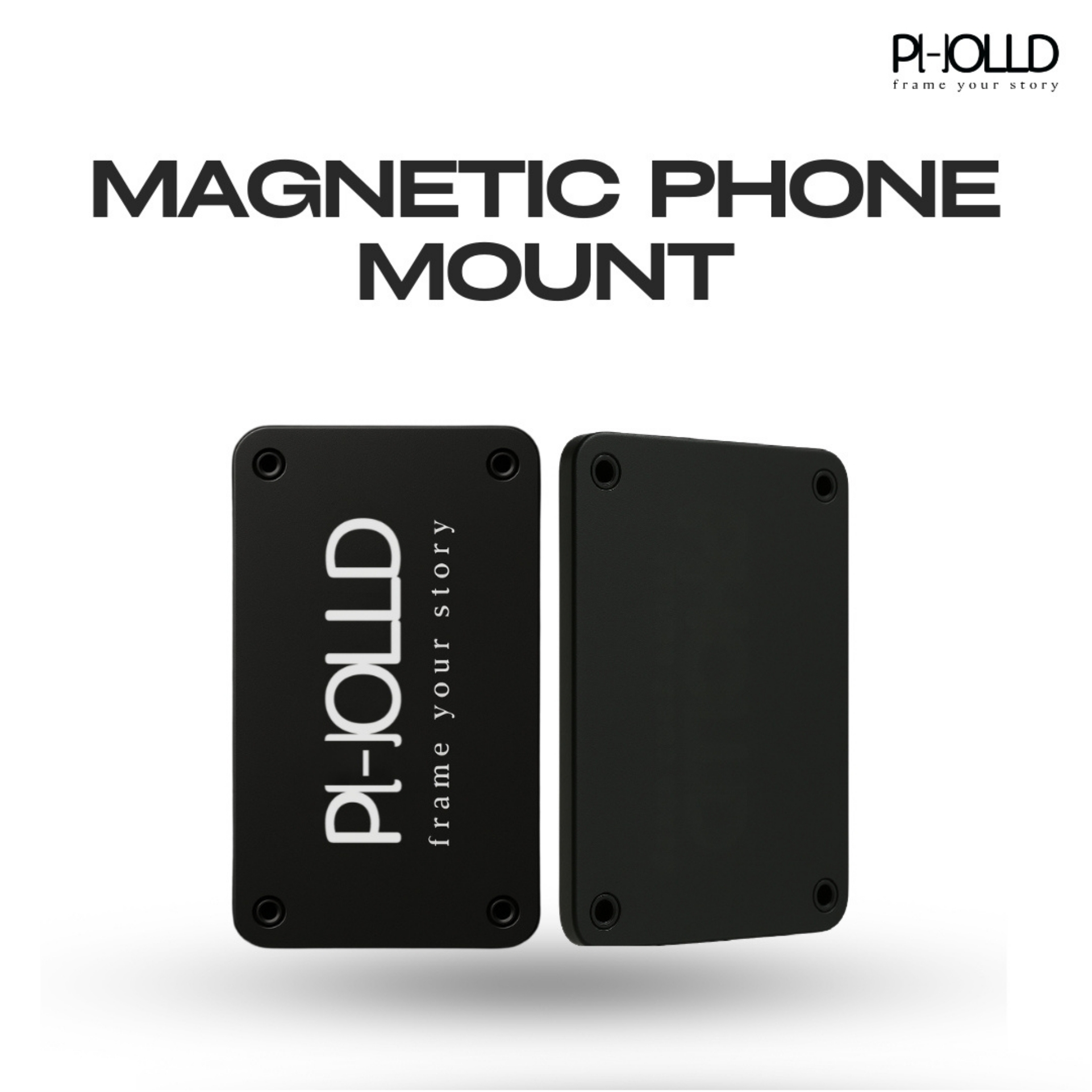 Social post design: Pholld magnetic phone mount product layout on a white background.