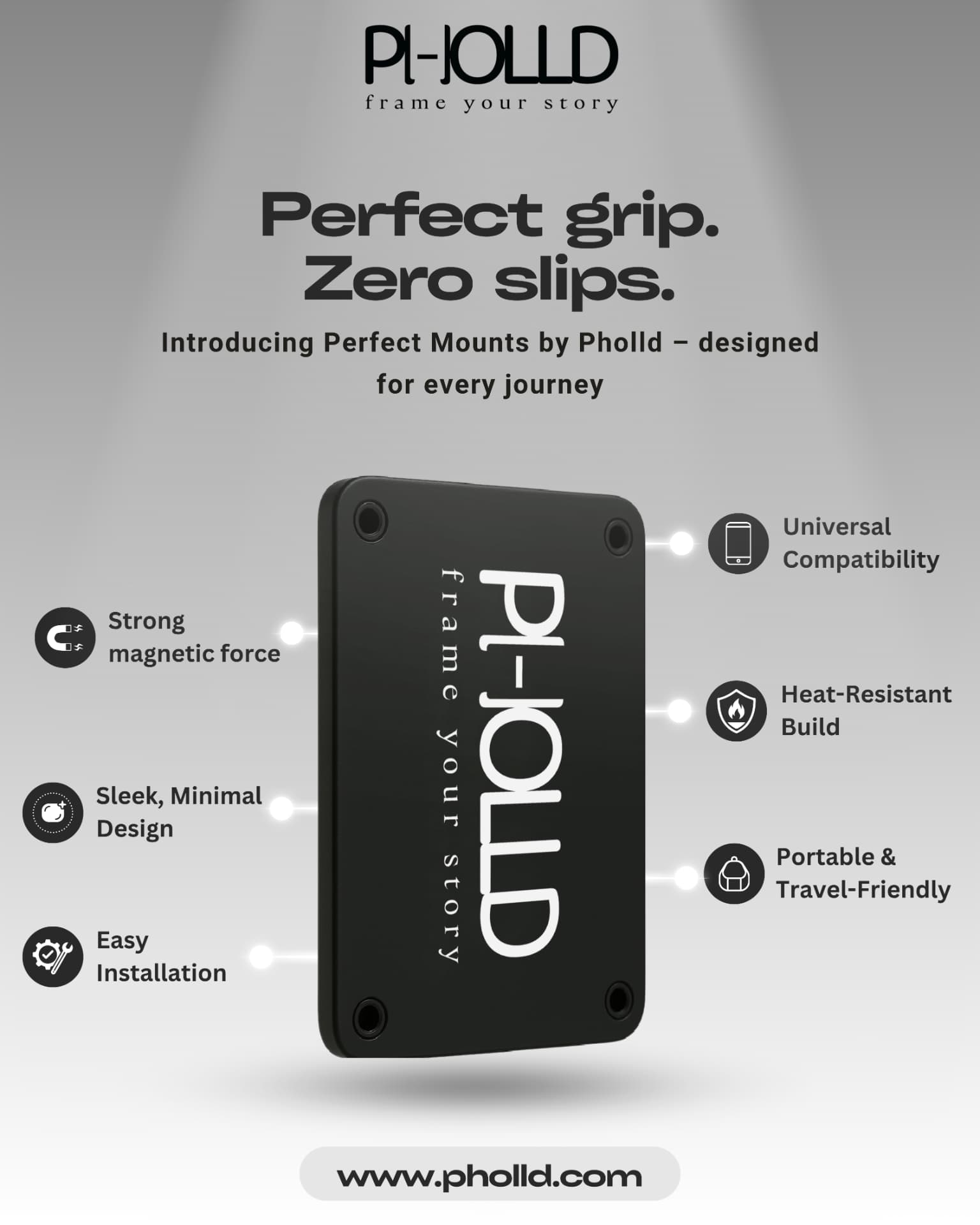 Social post design: Pholld Perfect Mounts feature callouts with magnetic force and universal compatibility.