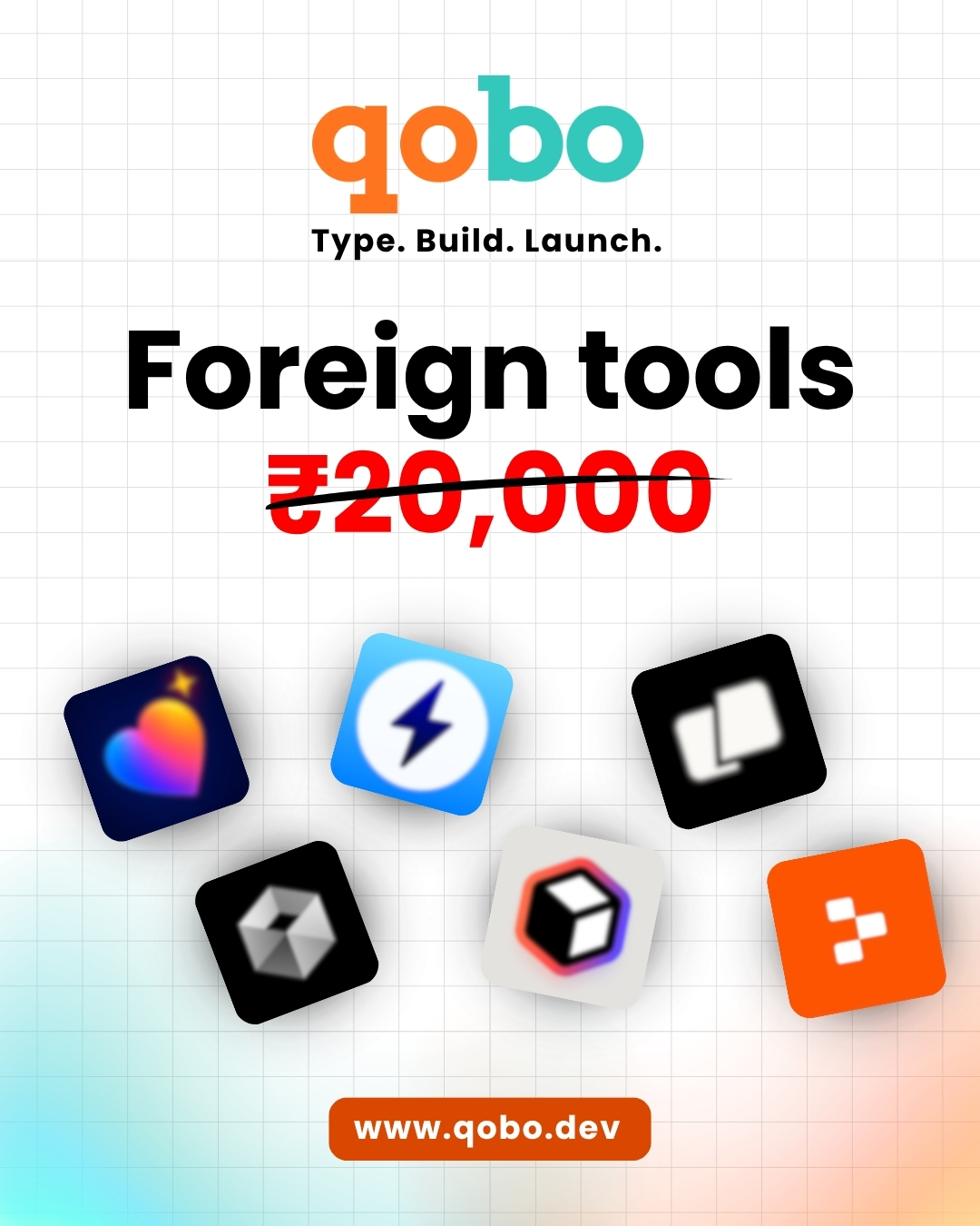 Social post design: Qobo foreign tools pricing post with floating app icons.