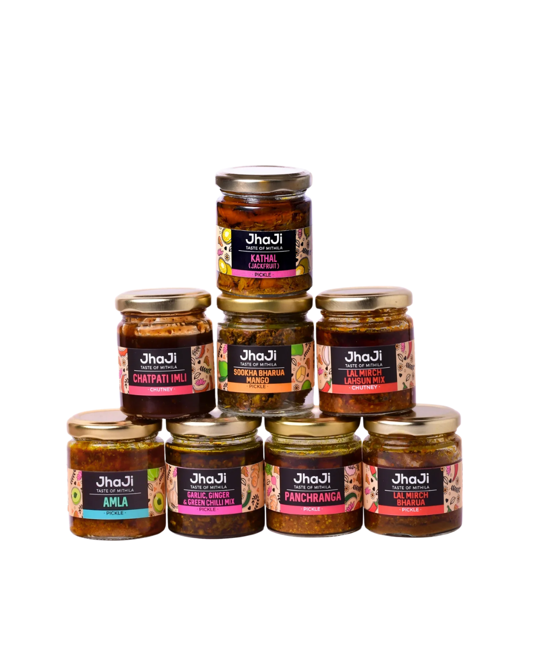 Jha Ji pickle and chutney jar range stacked in a pyramid, showing illustrated Mithila label designs.